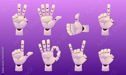 Robot hands. Cyborg AI technology. Android gesture. Metal robotic palm. Finger down or up. Artificial intelligence. Cartoon digital prosthesis. Fist and pointing forefinger. Vector mechanical arms set
