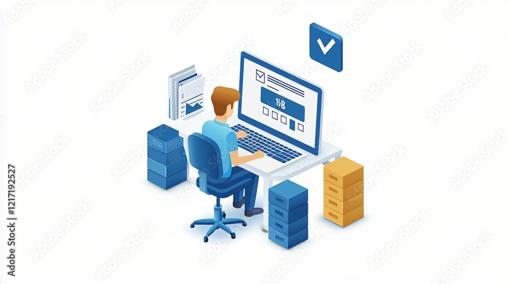 Man completing online form at desk Man completing online form at desk