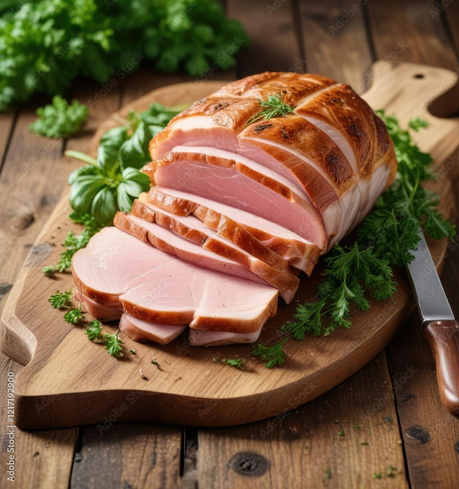 Ham and parsley garnish on a rustic wooden board , composition, garnish, still life Ham and parsley garnish on a rustic wooden board , composition, garnish, still life