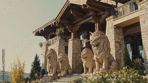 stone lions guarding the entrance to a Tibetan temple Tibetan architecture 