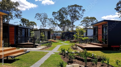 Wallpaper Mural a vibrant community of tiny homes, showcasing innovative designs and sustainable living in a communal setting Torontodigital.ca