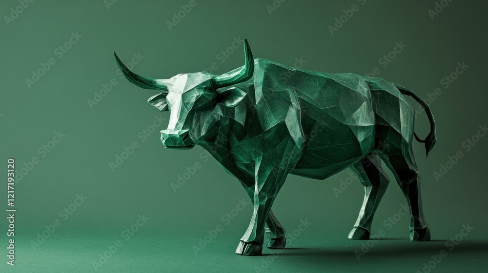 Obraz premium Low-poly green bull, 3D render, dark background.