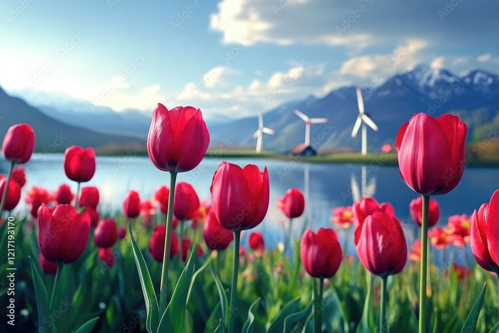 Obraz premium Red Tulips Wind Turbines