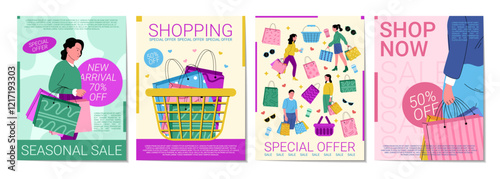 Fashion shop poster. Sale leaflet. Store coupon. Abstract pattern. Woman buying in supermarket. Mall label. Shopping bag. Package in modern magazine. Special offer. Vector garish promotion banners set