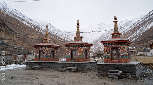 Tibetan stupas with richly decorated surfaces against a mountainous backdrop Tibetan architecture 