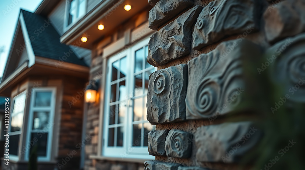 Close-up of a modern house exterior with intricate stonework. The image showcases the architectural details and the warm lighting of the house at dusk. Close-up of a modern house exterior with intricate stonework. The image showcases the architectural details and the warm lighting of the house at dusk.