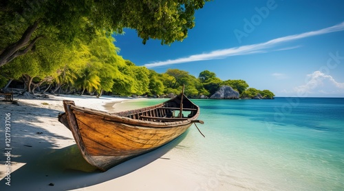 Tropical paradise, pristine beach, turquoise water, wooden long-tail boat, lush green mountains, palm trees, clear blue sky, white fluffy clouds, tranquil lagoon, golden sand, idyllic island scenery, 