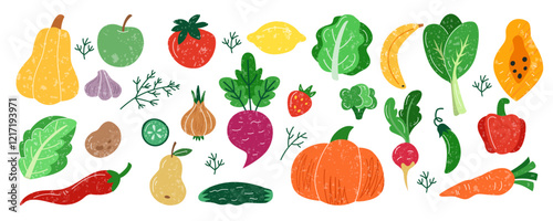 Vegetable abstract food. Organic icon kitchen. Leaf, different fresh fruit, green apple, salad, tomato. Pumpkin and carrot. Farm graphic, agriculture doodle flat style. Vector tidy illustration set