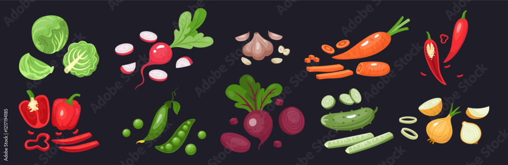 Vegetable slice. Onion, carrot, pepper and cucumber. Chili and garlic. Icon vegetables farm cooking. Agriculture vegan, healthy food, vegetarian salad cutting. Vector cartoon tidy flat isolated set Vegetable slice. Onion, carrot, pepper and cucumber. Chili and garlic. Icon vegetables farm cooking. Agriculture vegan, healthy food, vegetarian salad cutting. Vector cartoon tidy flat isolated set