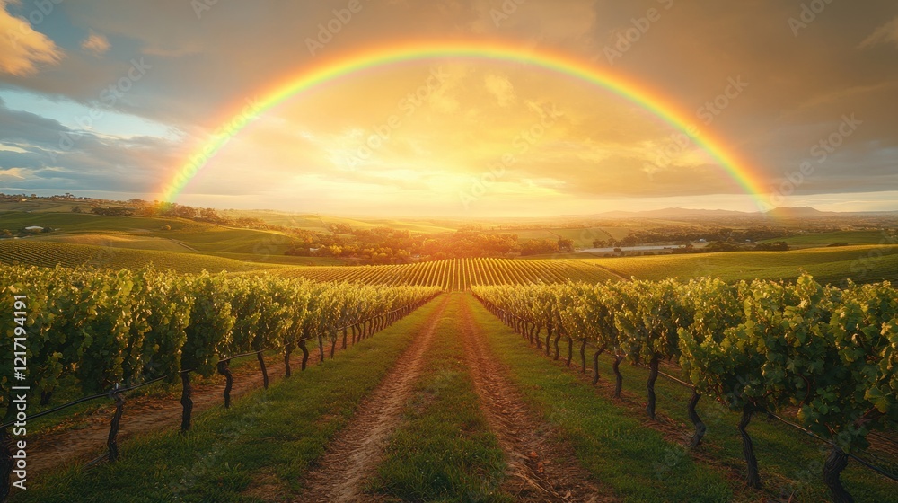Fototapeta premium Scenic Vineyard Bathed in Golden Light with Rainbow after Rain