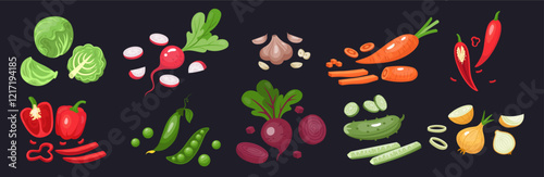 Vegetable slice. Onion, carrot, pepper and cucumber. Chili and garlic. Icon vegetables farm cooking. Agriculture vegan, healthy food, vegetarian salad cutting. Vector cartoon tidy flat isolated set