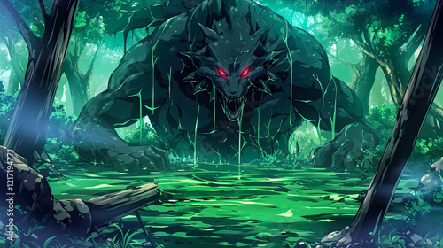 A dark forest scene featuring a large grotesque monster with glowing acid dripping from it in the center of the image surrounded by dense trees and shadows photo