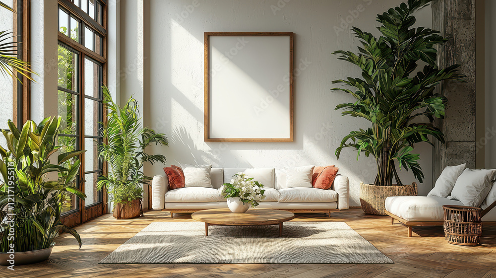 Naklejka premium Sunlit Living Room Oasis: A serene and stylish living room bathed in natural sunlight, featuring a minimalist white sofa, large potted plants, and a rustic wooden coffee table.