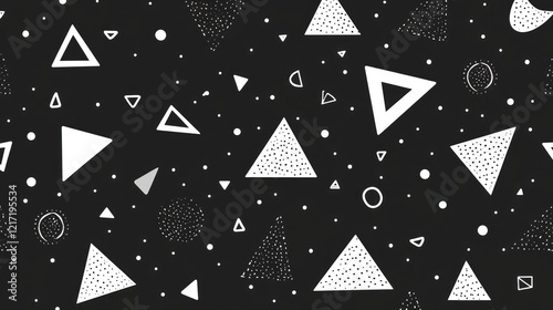 Abstract geometric pattern with white triangles, circles, and dots on black background.