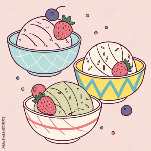 Set of bowls with various colorful Ice Cream scoops with different flavors and fresh ingredients on pink background, top view
