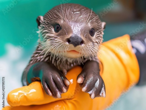 Adorable baby otter being cared for by a person in gloves. photo