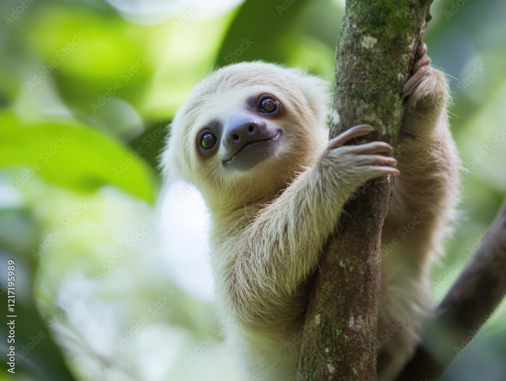 Naklejka premium Adorable baby sloth hanging on a tree branch in the rainforest.