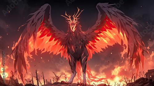 Demonic bird with red wings standing against a dark sky alongside a fiery phoenix-like monster with wings made of pure flame photo