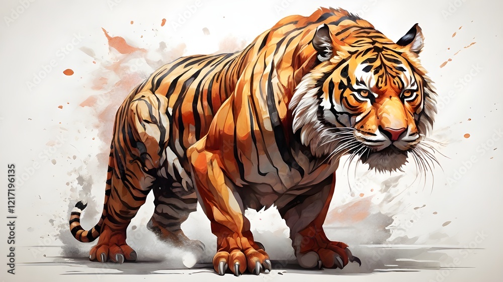 Naklejka premium A detailed artistic illustration of a tiger with a bold and fierce expression, placed against a bright white backdrop that enhances its dramatic stripes and commanding presence.