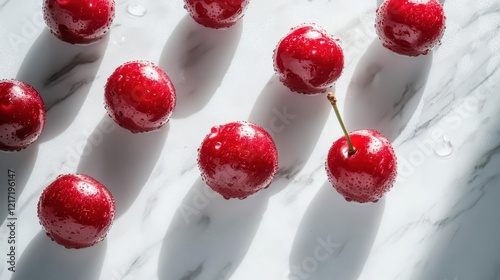 fresh acerola cherries arranged artistically on white marble with soft shadows and water droplets