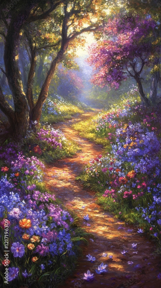 Obraz premium Enchanting Sunlit Path Through a Magical Purple Flower-Filled Forest