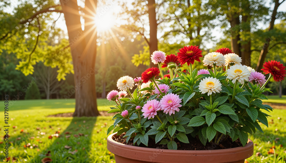 Fototapeta premium Vibrant chrysanthemums blooming in earthen pot at sunset, seasonal beauty