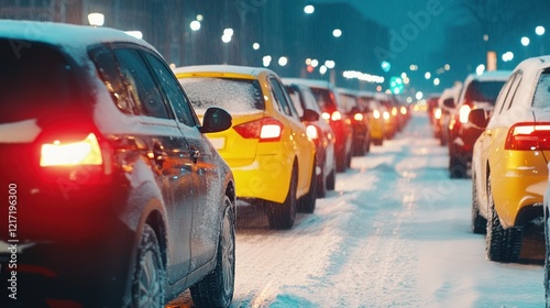 Cars On Snowy Road With Glow Of Night Traffic Light