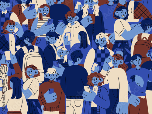 Phone of people. Crowd, person hold mobile. Smartphone cell in man, woman hands. Young guy looking at screen. Concept of using telephone. Background design. Vector citizen gadget, cartoon illustration