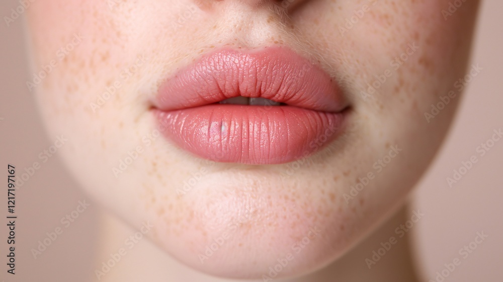 Fototapeta premium natural beauty close-up of soft pink lips with freckles
