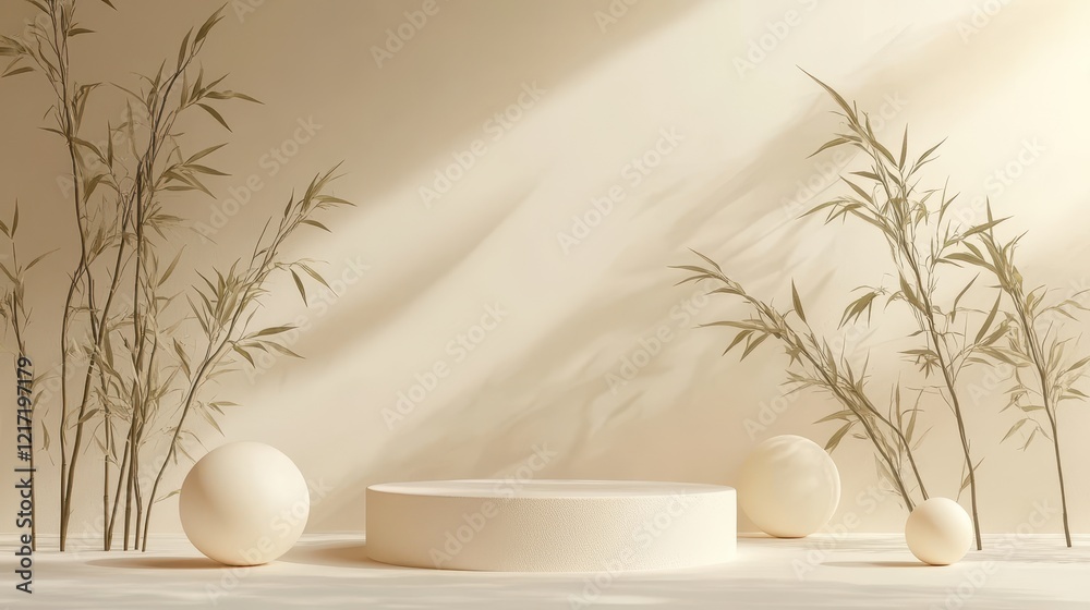 Soft Beige Podium with Bamboo Elements in 3D Mockup Design