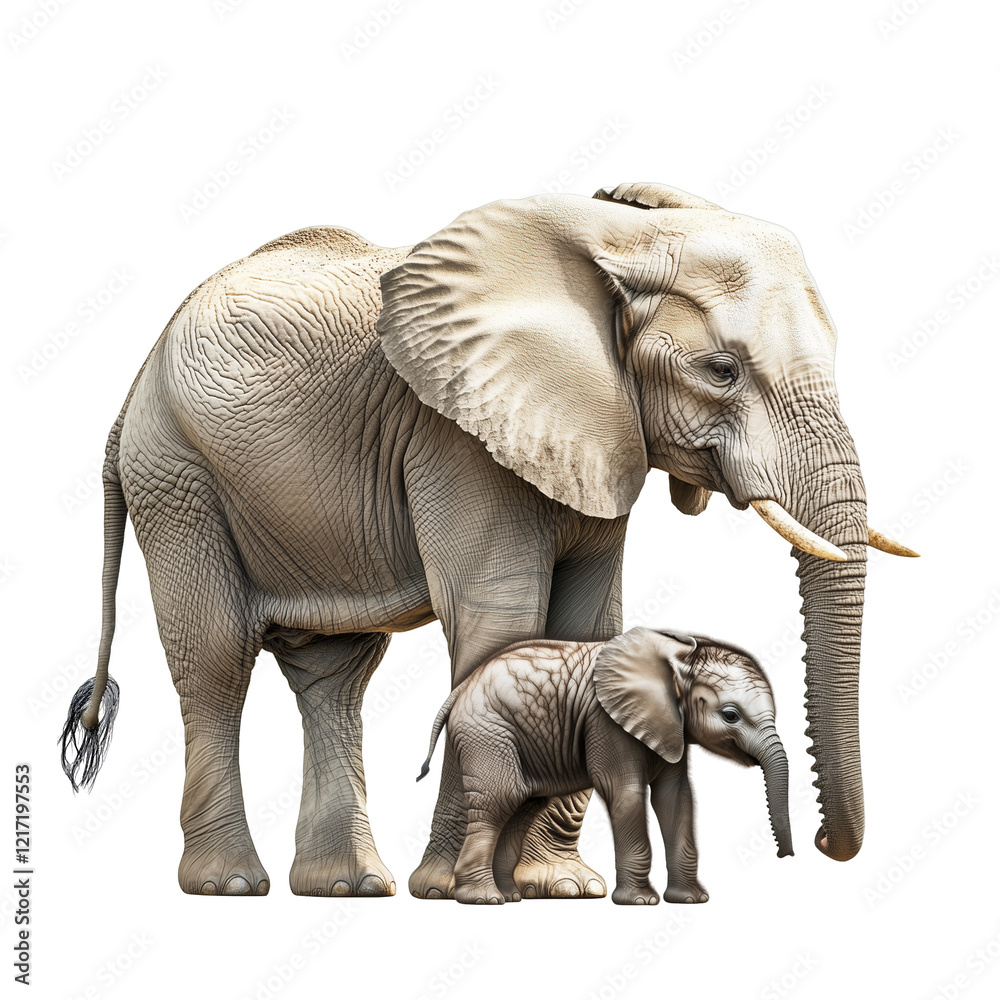Obraz premium Mother elephant and calf on transparent background.