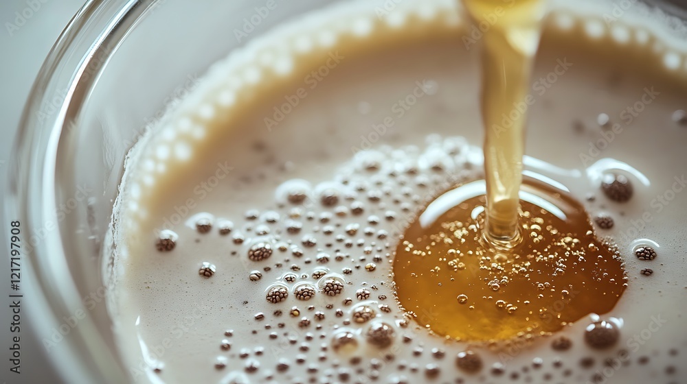 A close-up of a bowl with soy milk, chia seeds, and honey, ready to be mixed into a drink A close-up of a bowl with soy milk, chia seeds, and honey, ready to be mixed into a drink