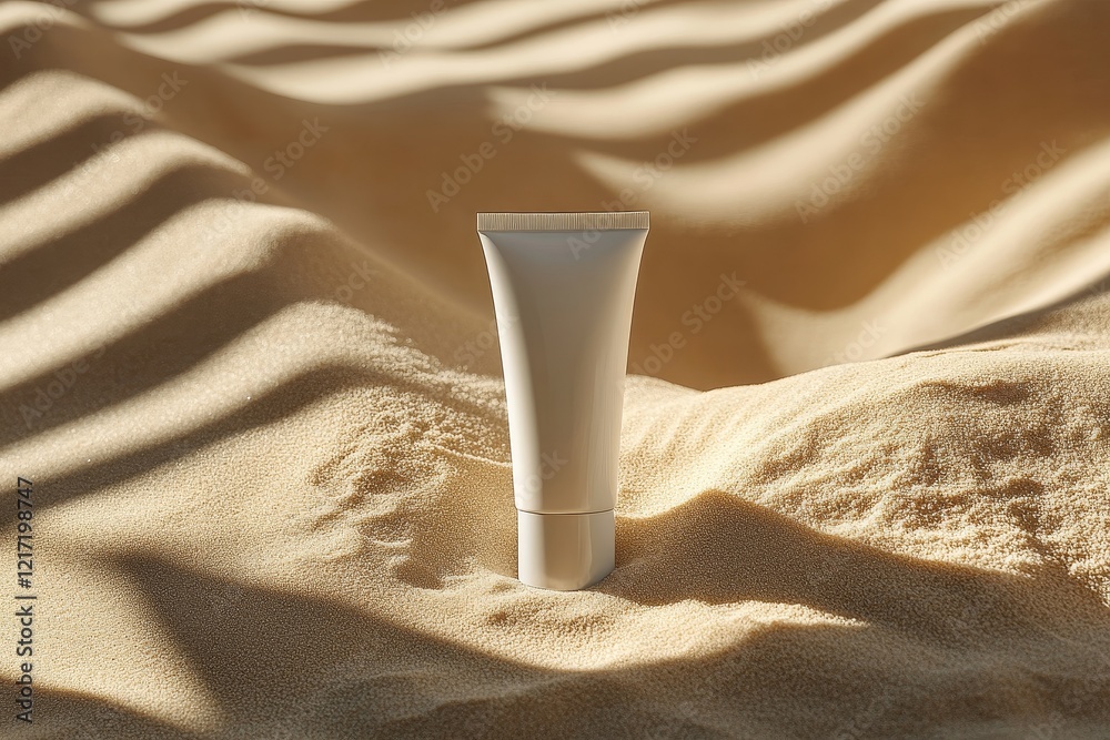 beige color clean tube of cream in the sand, mock up, mockup, for design, copy space beige color clean tube of cream in the sand, mock up, mockup, for design, copy space