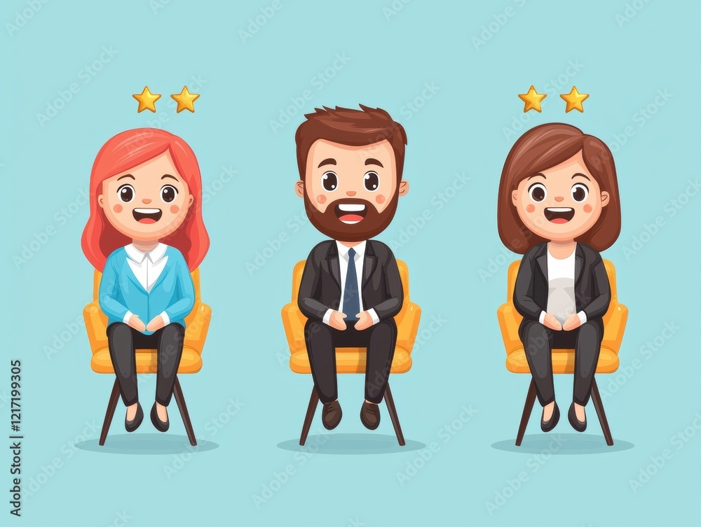 A colorful illustration featuring three cartoon characters sitting in chairs, each displaying a cheerful demeanor A colorful illustration featuring three cartoon characters sitting in chairs, each displaying a cheerful demeanor