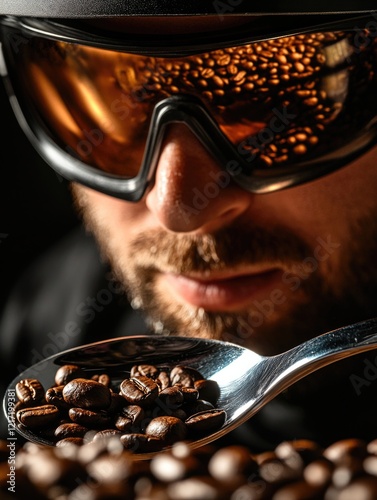 Man with goggles and coffee beans photo