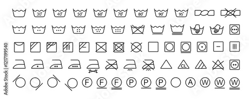 Wash modes icons set. Textile mode cleaning symbols set. Vector icons