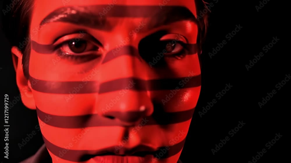 Dramatic red light patterns cast across face in dark artistic portrait series Dramatic red light patterns cast across face in dark artistic portrait series