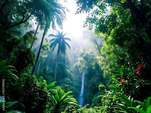 an image of a lush green forest with a waterfall in the distance. photo