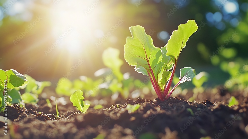 Beet seedlings growing in sunlight, garden background, spring planting, agriculture Beet seedlings growing in sunlight, garden background, spring planting, agriculture