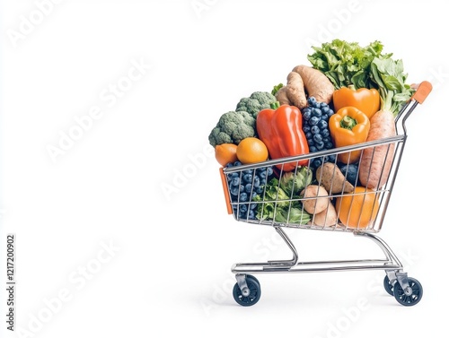 A shopping cart filled with fresh vegetables and fruits, showcasing vibrant colors and various textures. Perfect for promoting healthy eating and grocery shopping concepts. photo