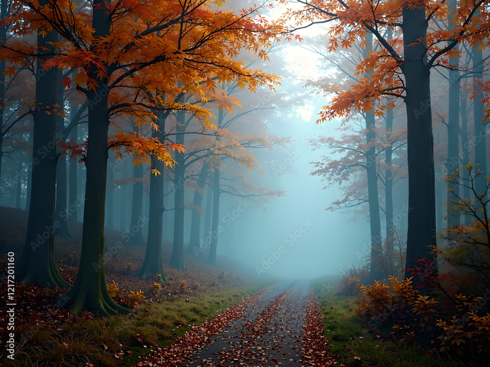 Obraz premium Beautiful mystical forest in blue fog in autumn. Colorful landscape with enchanted trees with orange and red leaves. Scenery with path in dreamy foggy forest. Fall colors in october. Nature background