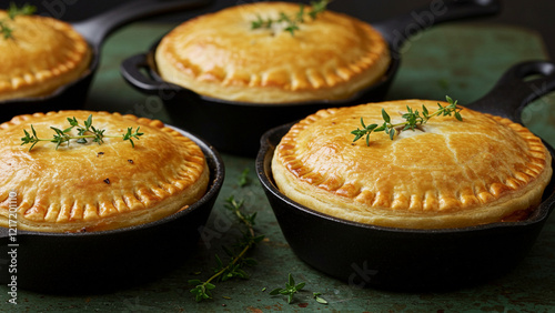 Golden-brown mini pot pies served in individual cast iron skillets, garnished with fresh thyme. Warm, comforting, and perfect for hearty, homemade meals with a rustic feel.