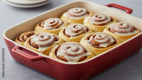 Freshly baked cinnamon rolls topped with creamy icing, presented in a red ceramic dish. Warm, sweet, and perfect for breakfast or dessert with a cozy, inviting atmosphere.