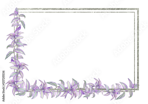 Watercolor purple green tradescantia branches silver framed illustration. Tropical delicate spiderwort creeper house plant border with empty space for text. For greeting cards, invitation
