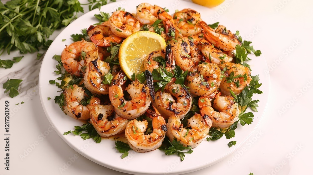 succulent grilled shrimp arranged artfully on white plate with fresh herbs and citrus garnish, soft directional lighting succulent grilled shrimp arranged artfully on white plate with fresh herbs and citrus garnish, soft directional lighting