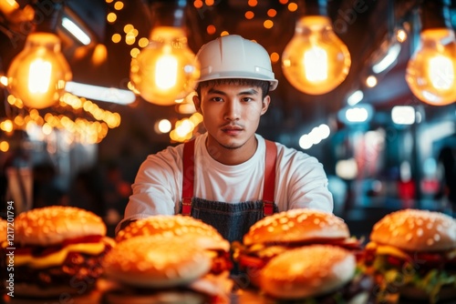 A bored worker standing behind a fast-food counter, staring blankly ahead as they assemble burgers, ignoring the noisy rush around them photo