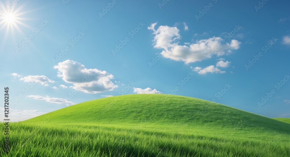 Lush Green Grassy Hill Under Clear Blue Sky with Puffy White Clouds Lush Green Grassy Hill Under Clear Blue Sky with Puffy White Clouds