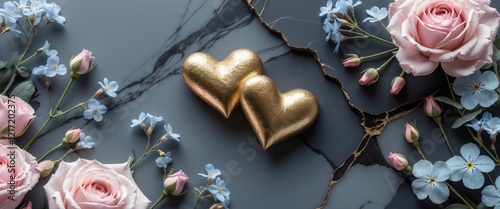 Golden hearts and pastel flowers creating a luxurious valentine's day template on a marble background with copy space
