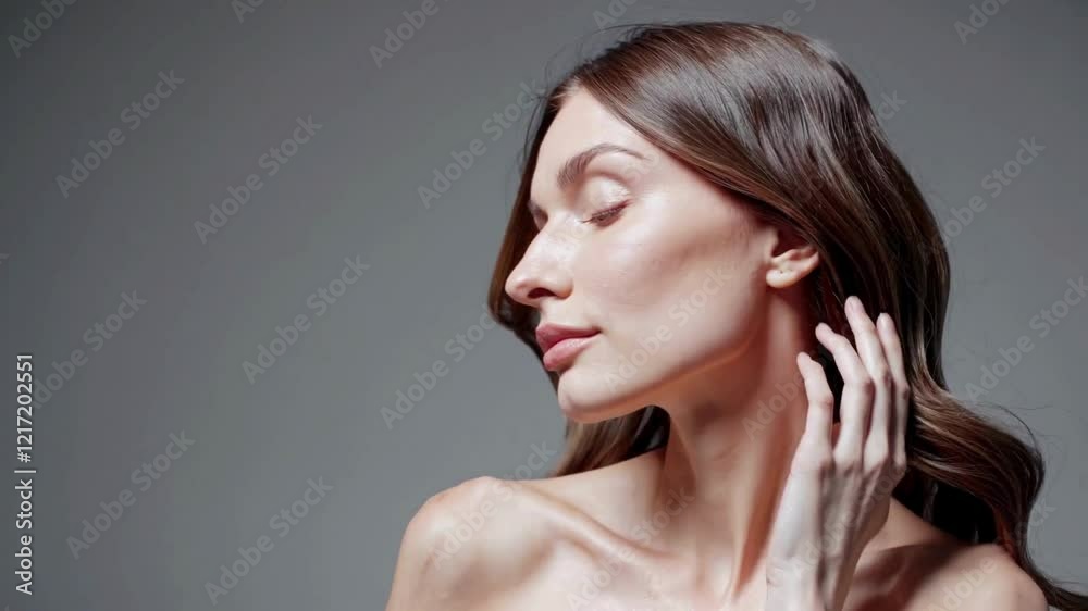 Woman in her late 20s with flawless, radiant skin and long hair touching her face Woman in her late 20s with flawless, radiant skin and long hair touching her face