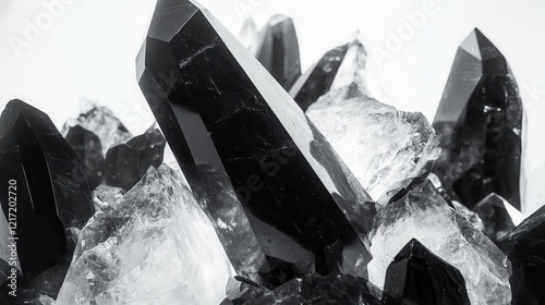 a dramatic avalanche of crystalline black obsidian rocks cascading through ethereal white space, creating bold geometric shadows and dynamic movement, minimalist fine art composition